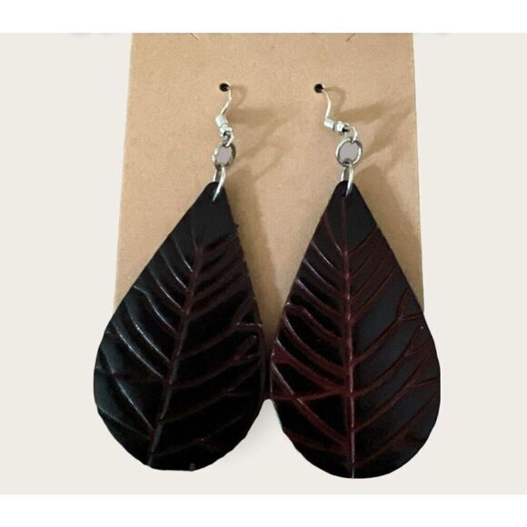 Bundle Sale 3 for $15 | Genuine Brown Leather Leaf Earrings - Picture 4 of 7